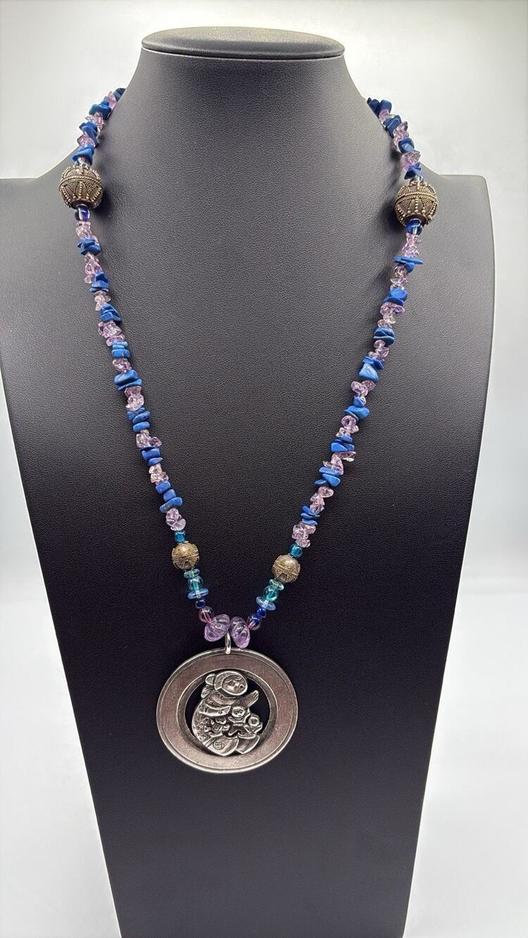 Boho Sterling Silver Bali Beads Lapis Amethyst Storyteller Pendant Necklace 24”